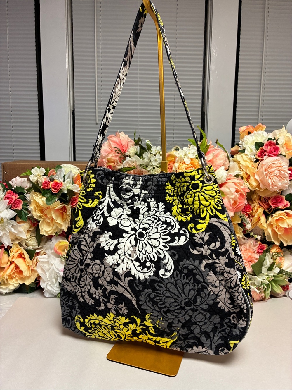 Vera Bradley Baroque Retired 2010 Quilted Cotton Shoulder Bag Black Yellow Gray